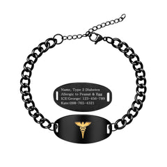 Stainless Steel Medical Alert Bracelet with Golden Caduceus Symbol Men Women | Laser Engraved or Dynamic QR Code Medical ID Bracelet | Adjustable Chain Emergency Contact Allergy ID Jewelry Black White