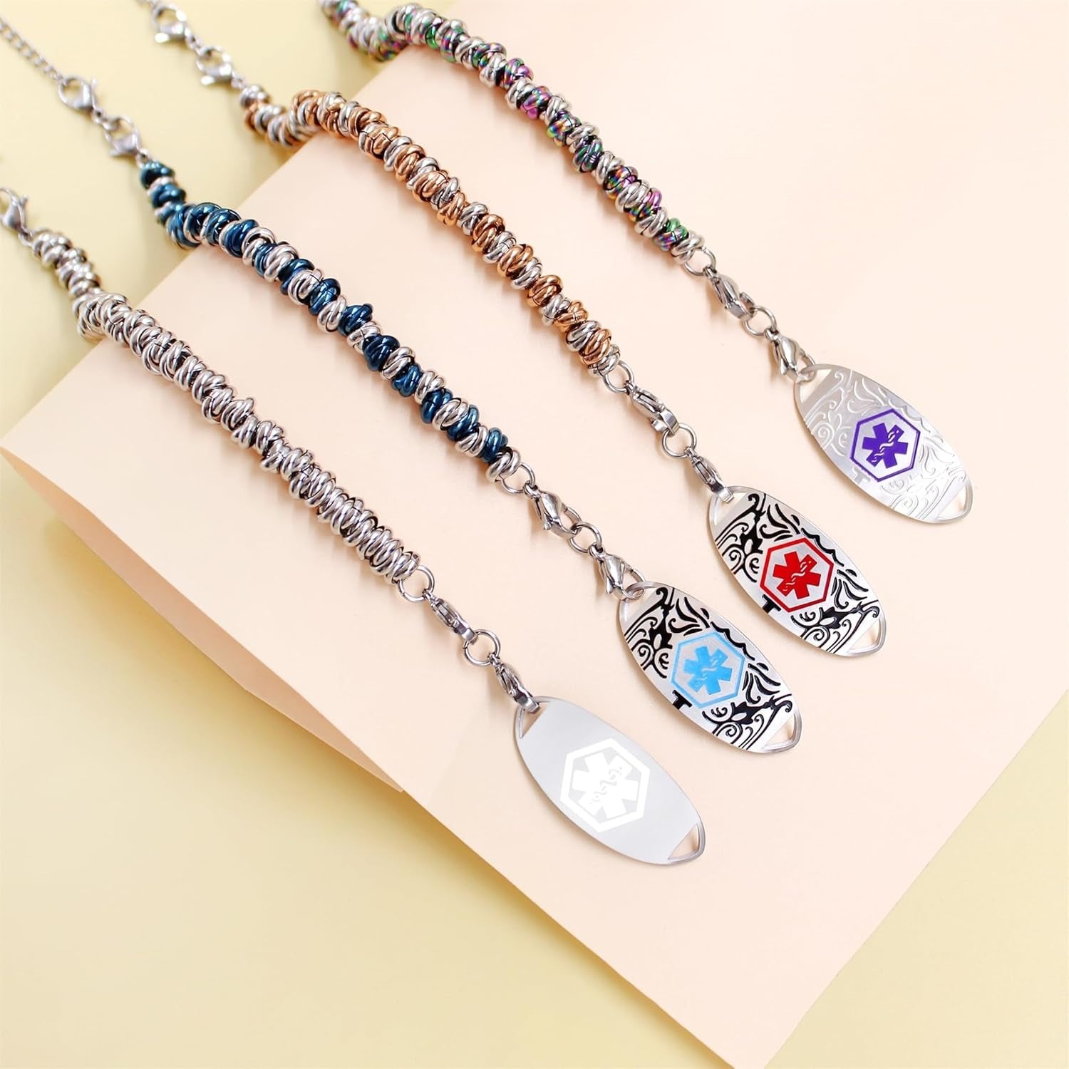 Blue & White Circle Style Stainless Steel Medical Alert Bracelet for Women Custom Engraved Medical ID with QR Code | Interchangeable Medical Plate, Double Lobster Clasp, Fashion Safety Jewelry YA5541