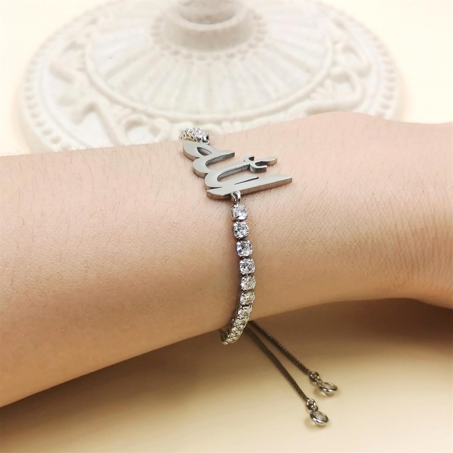 Arabic Allah Script Cubic Zirconia Tennis Bracelet for Women Stainless Steel Adjustable Islamic Faith Jewelry Sparkling Muslim Bracelet Elegant Religious Gift for Mom Wife Sister Daughter Ramadan Eid