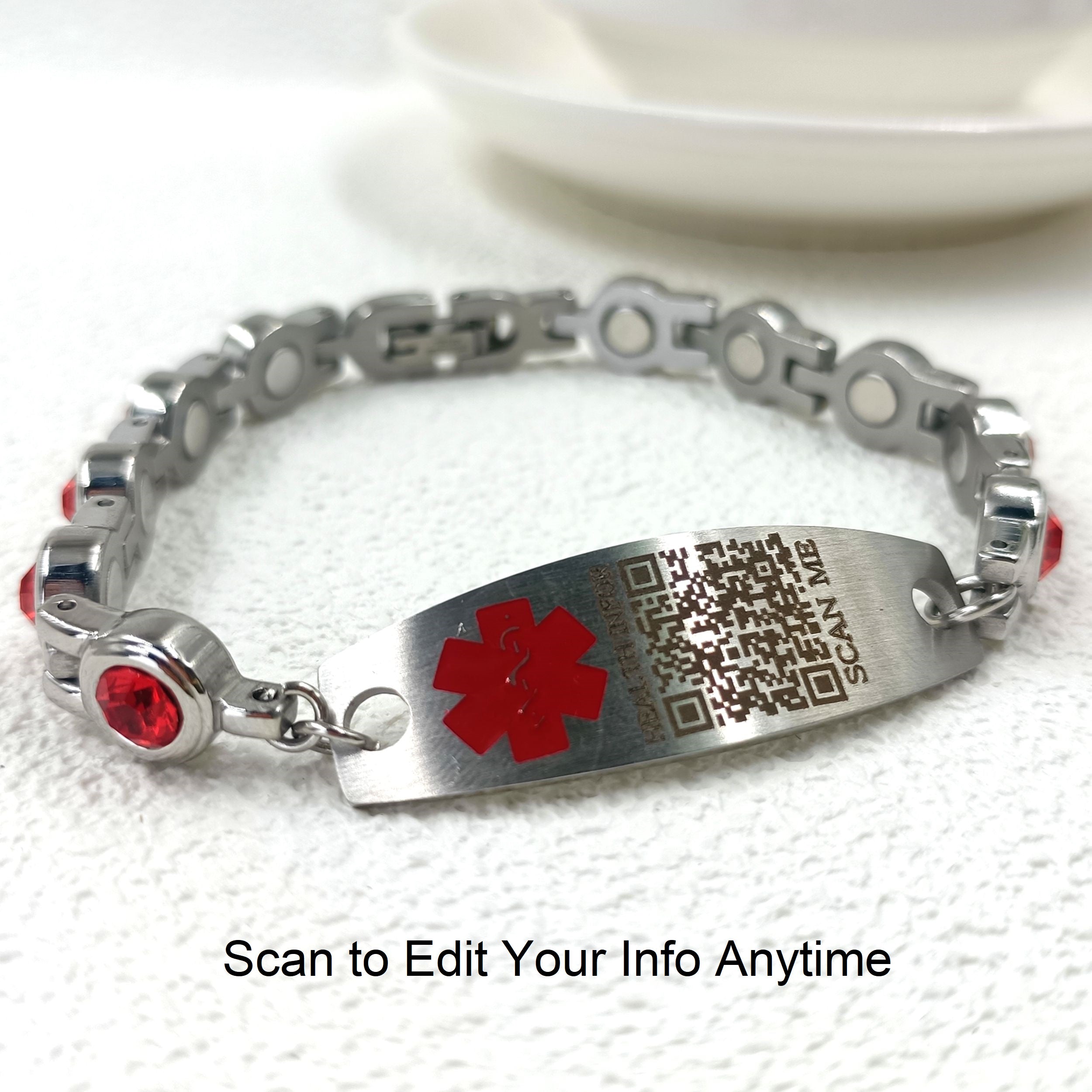 Editable QR Code Medical Alert Bracelet for Women, Stainless Steel with Red Cubic Zirconia, Magnetic Link Bracelet with Adjustable Clasp, Scan to Update Health Information Anytime
