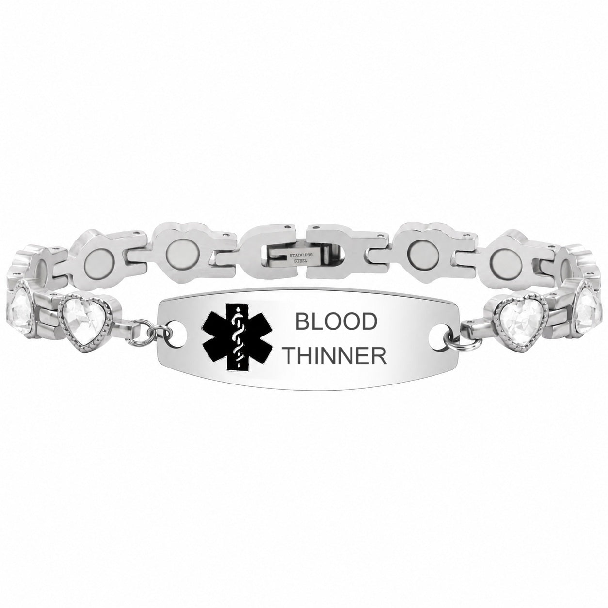 Women’s Medical ID Bracelet with Heart Shaped Zircon Link Chain, Adjustable Stainless Steel Emergency Alert Bracelet, Personalized Engraved Health Info Jewelry for Daily Wear
