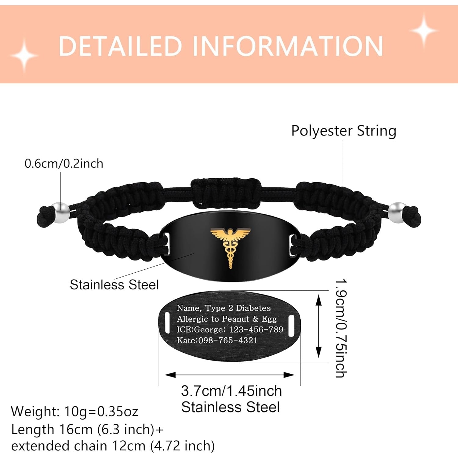 Uloveido Handwoven Medical Alert Bracelet with Dynamic QR Code or Laser Engraving Stainless Steel ID Plate Floating Golden Caduceus Adjustable Stretch Braided Rope Emergency ID for Men Women