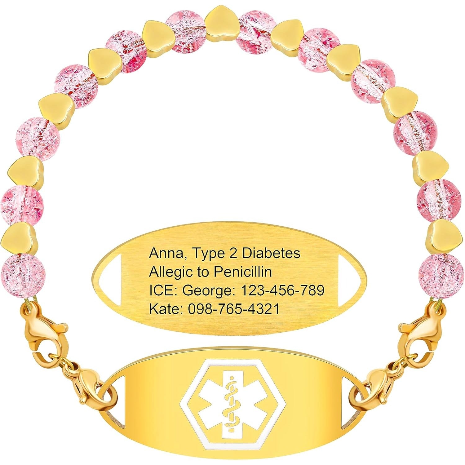 Stainless Steel Medical Alert Bracelet for Women 18K Gold Plated Tarnish Resistant | Laser Engraved or Dynamic QR Code ID Bracelet | Green Pink Purple Crack Bead Heart Adjustable Jewelry