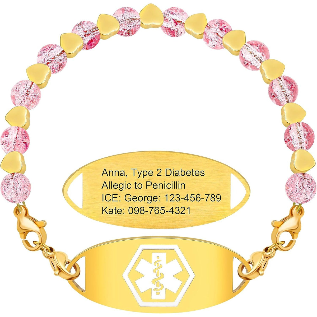 Stainless Steel Medical Alert Bracelet for Women 18K Gold Plated Tarnish Resistant | Laser Engraved or Dynamic QR Code ID Bracelet | Green Pink Purple Crack Bead Heart Adjustable Jewelry