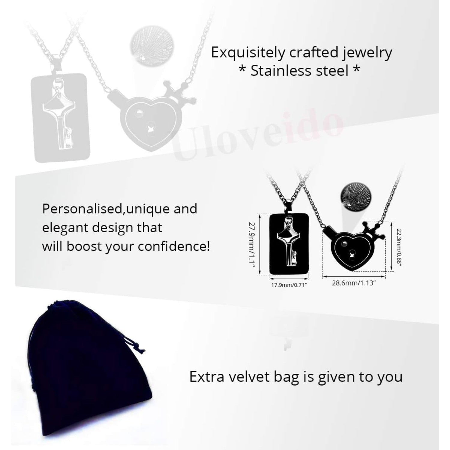 Personalized Stainless Steel Heart Lock & Key Necklace Set for Couples | 100 Languages I Love You Projection Jewelry | Custom Name Engraved Matching Pendant for Wedding Anniversary Gift