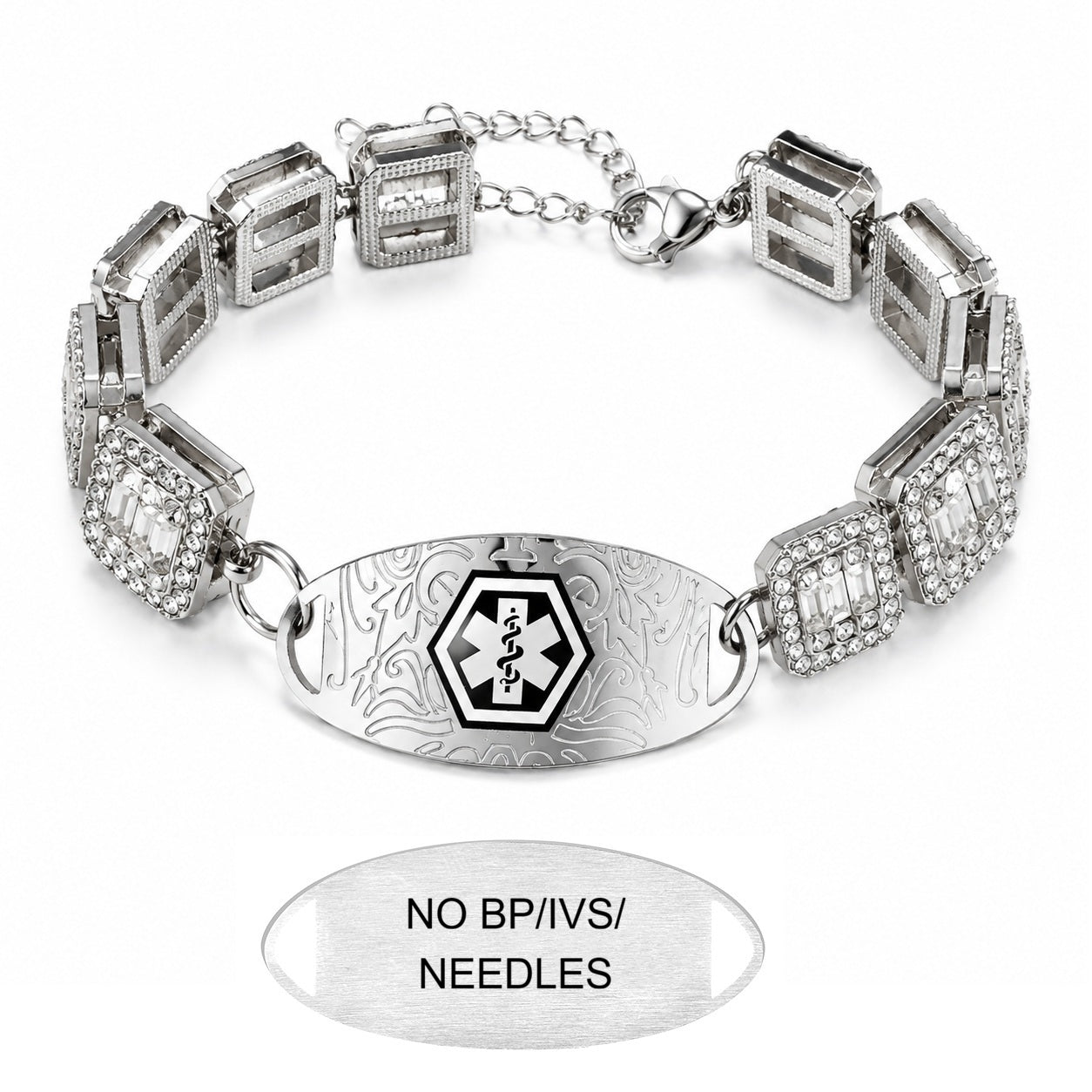 Rhinestone Medical ID Bracelet for Women, Luxury Square Link Chain Bracelet with Stainless Steel ID Plate, Custom Engraving or QR Code Emergency Information Jewelry, Adjustable Safety Bracelet