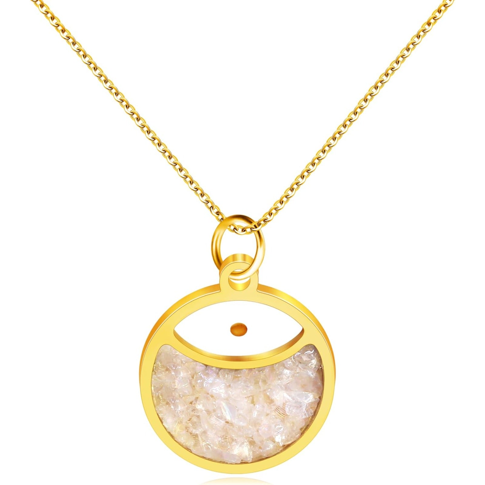 Faith Mustard Seed Stainless Steel Pendant Necklace for Women, Golden Tone Round Charm Necklace with Red, White, Green Stone Sand, Inspirational Jewelry Gift,