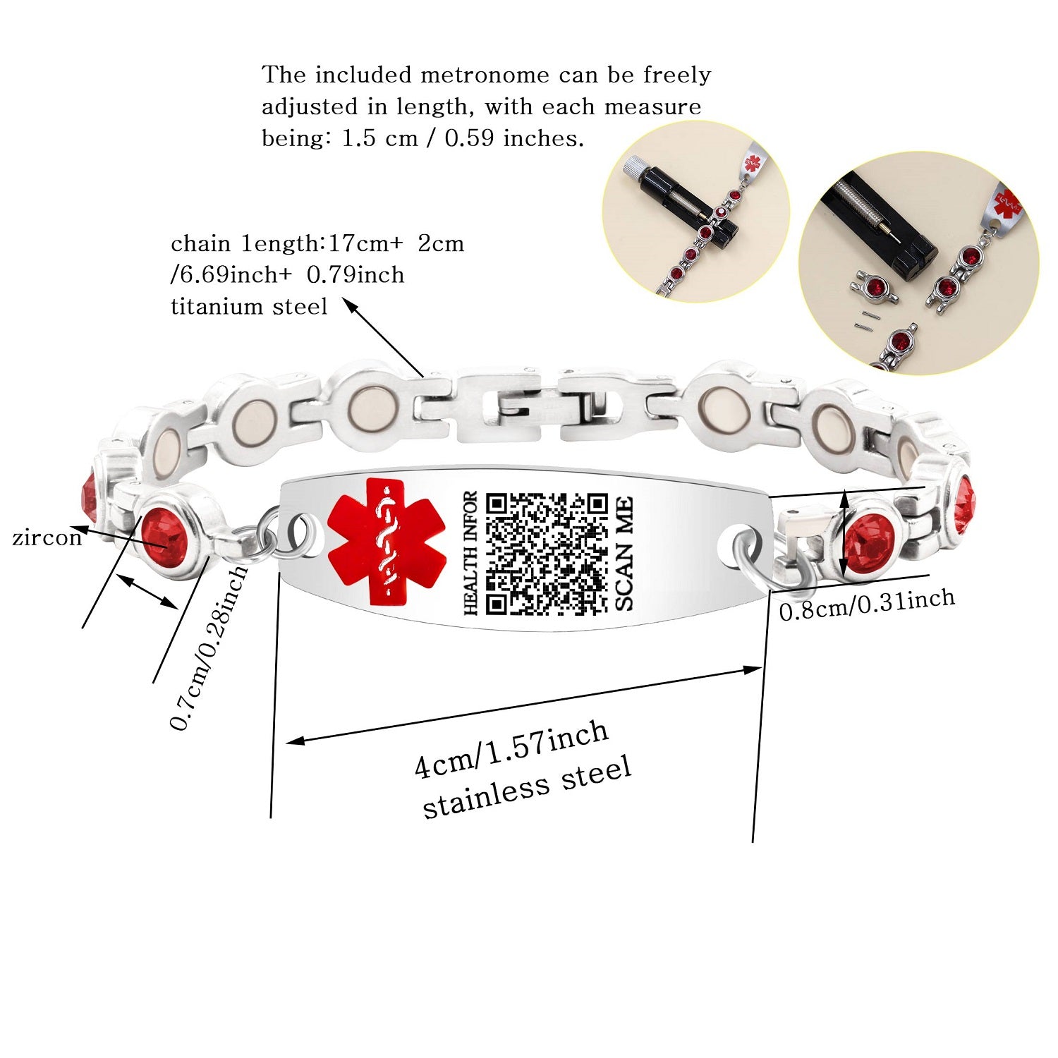 Editable QR Code Medical Alert Bracelet for Women, Stainless Steel with Red Cubic Zirconia, Magnetic Link Bracelet with Adjustable Clasp, Scan to Update Health Information Anytime