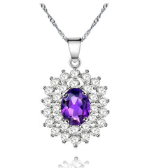 Uloveido Women's Natural Purple Amethyst Gemston Halo Kate Middleton's Princess Diana Engagement Pendant Necklace 925 Sterling Silver Chain (0.8ct, Gift Box Packing) CN002