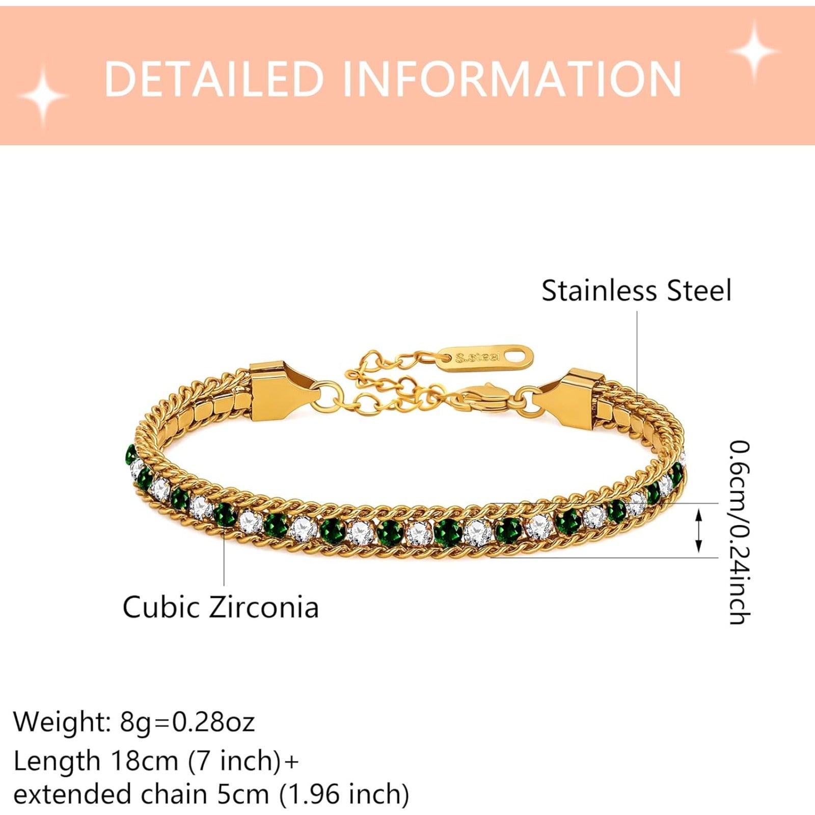 Golden Plated Stainless Steel Tennis Bracelet for Women, Colorful Cubic Zirconia 0.6cm Wide Elegant Jewelry for Mom Wife Christmas Thanksgiving YA6106