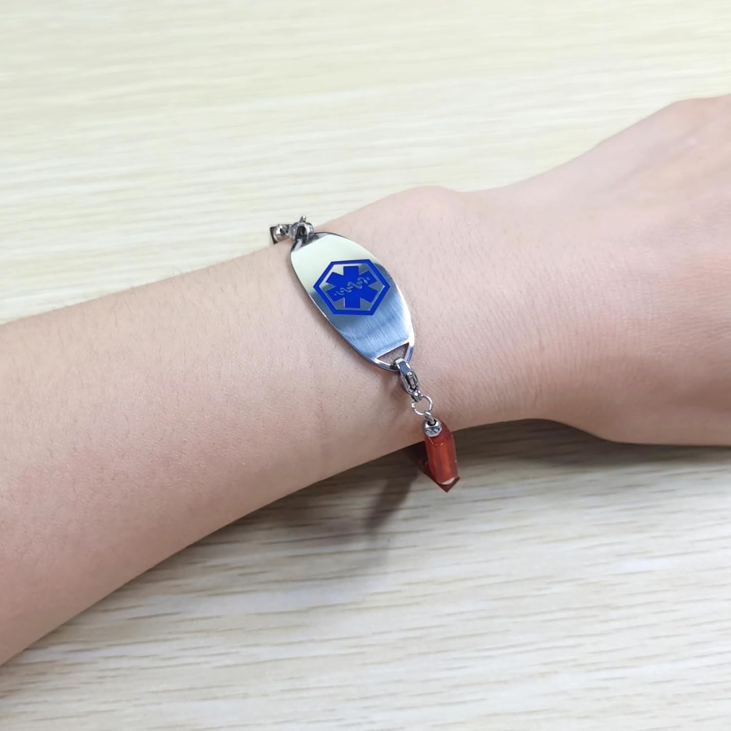 Dynamic QR Code Medical Alert Bracelet with Natural Stone Beads, Pink Stone Red Agate Black Agate White Turquoise, Stainless Steel Medical ID Bracelet, Double Lobster Clasp, No Engraving Required