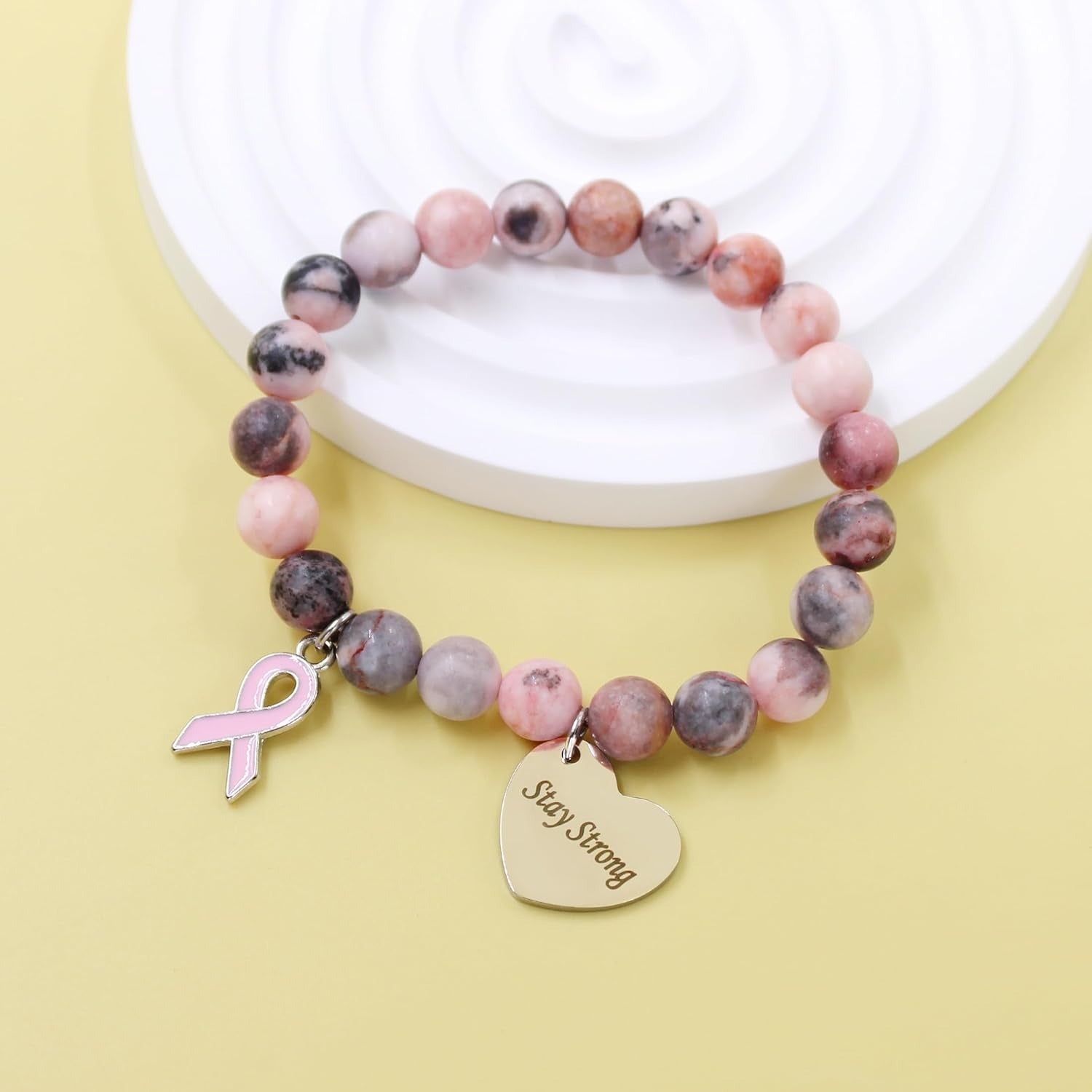 Pink Zebra Jasper Breast Cancer Awareness Bracelet – Never Give Up Heart Charm & Pink Ribbon, Stretch Beaded Natural Stone Bracelet for Women, Inspirational Cancer Support Jewelry Gift