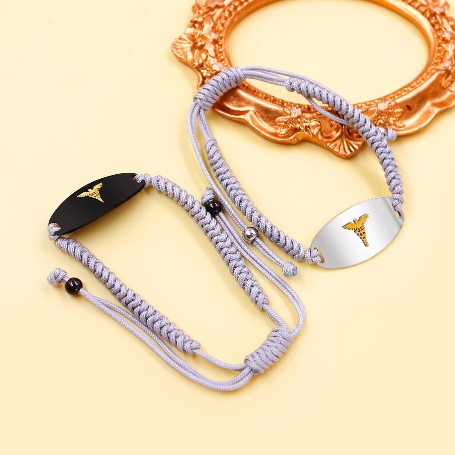 Adjustable Gray Braided Medical Alert Bracelet for Men Women, Dynamic QR Code or Custom Engraved ID Plate, Silver or Black Stainless Steel Emergency Contact Bracelet with Golden Medical Symbol