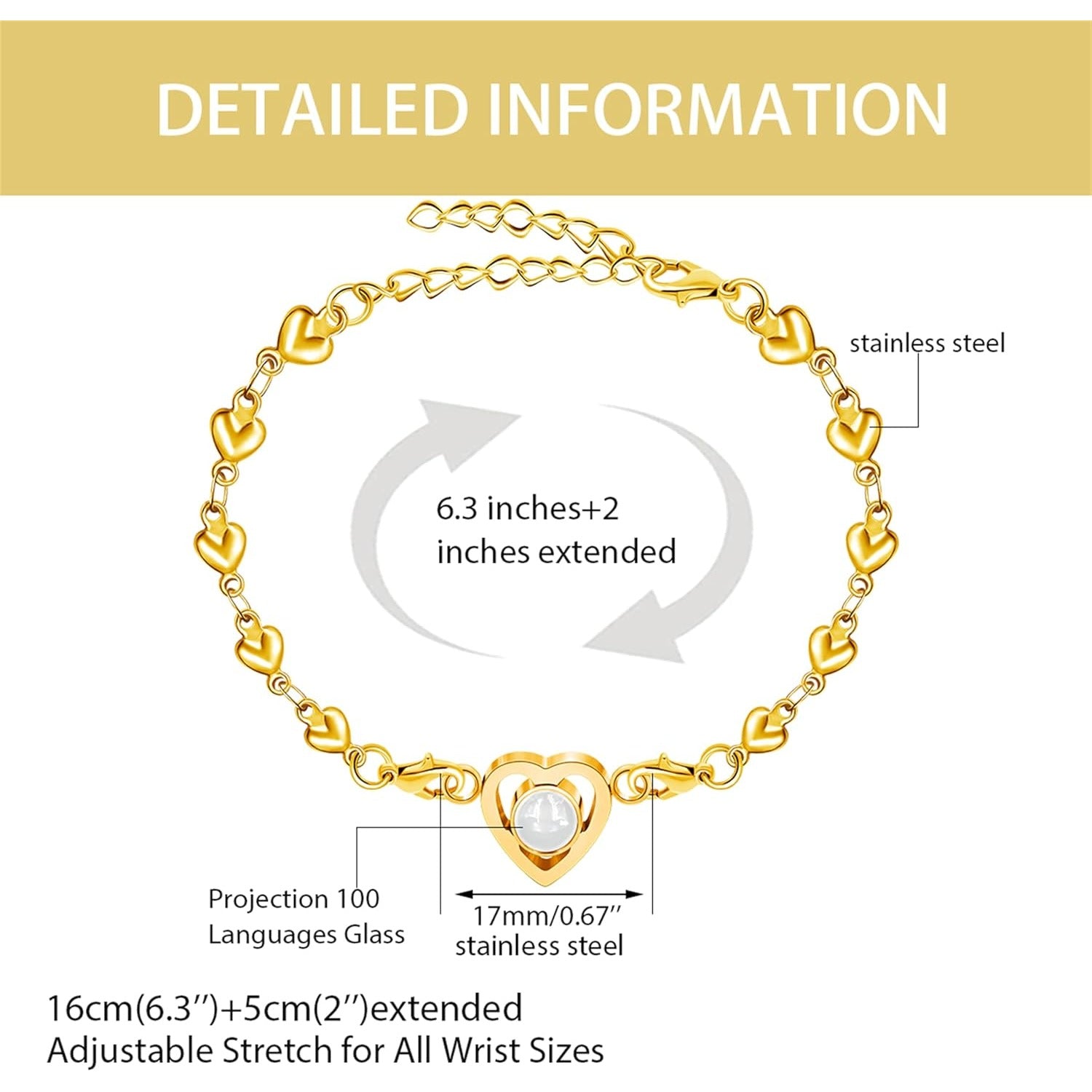 100 Languages Projection Pendant Bracelet | I LOVE YOU Heart Chain Bracelets | Fashion Bless Good Fortune Friendship Elegant Personalized Adjustable Length Stainless steel Jewelry Y4186