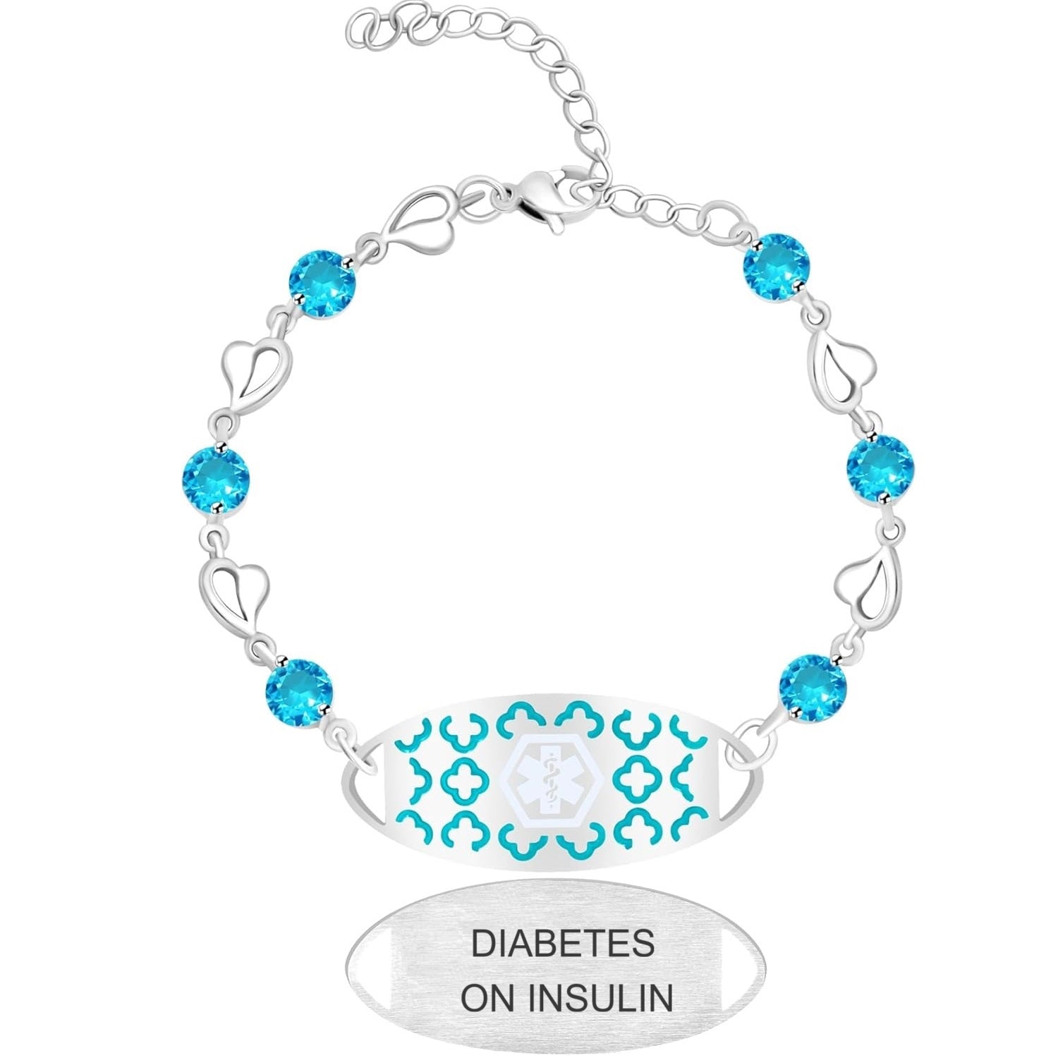 Uloveido Custom Medical ID Bracelet with Blue Cubic Zirconia | Elegant Floral Enamel Design | Adjustable QR Code & Engraved Emergency Contact Bracelet for Women and Travelers