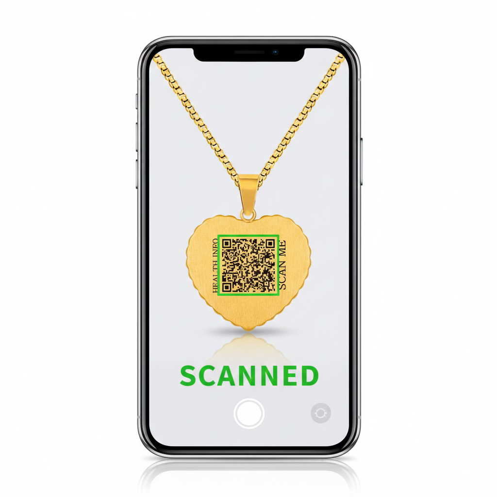 Smart Medical Alert Necklace for Women Dynamic QR Code Heart Pendant 18K Gold Plated Stainless Steel Emergency ID Jewelry with Red Medical Symbol, Scan to Update Health Info, No Engraving Required
