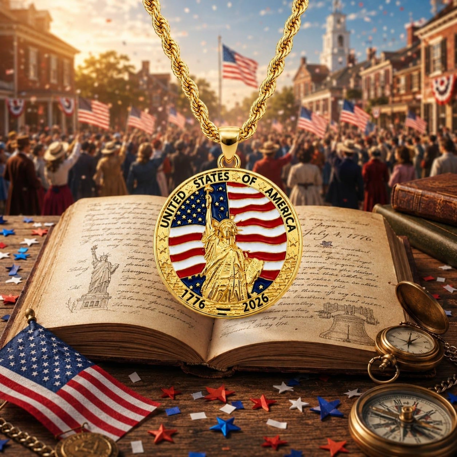 USA 250th Anniversary Necklace for Men Women, 1776 2026 Commemorative Pendant, 18K Golden Plated Brass Statue of Liberty American Flag Necklace with Stainless Steel Chain, Patriotic Jewelry Gift