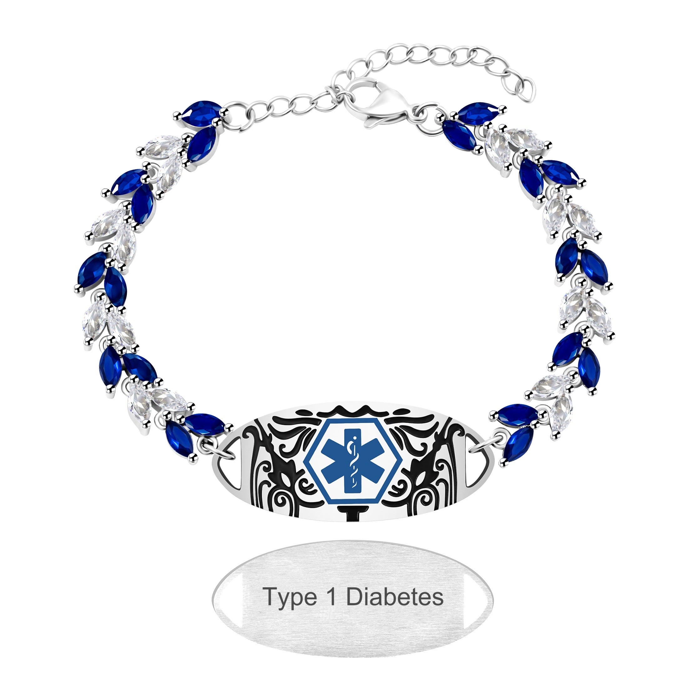 Uloveido Blue & White Leaf CZ Medical Alert Bracelet for Women | Dynamic QR Code or Custom Engraved ID Jewelry | Emergency Contact Allergy Health Info Stainless Steel & Copper Adjustable Wristband
