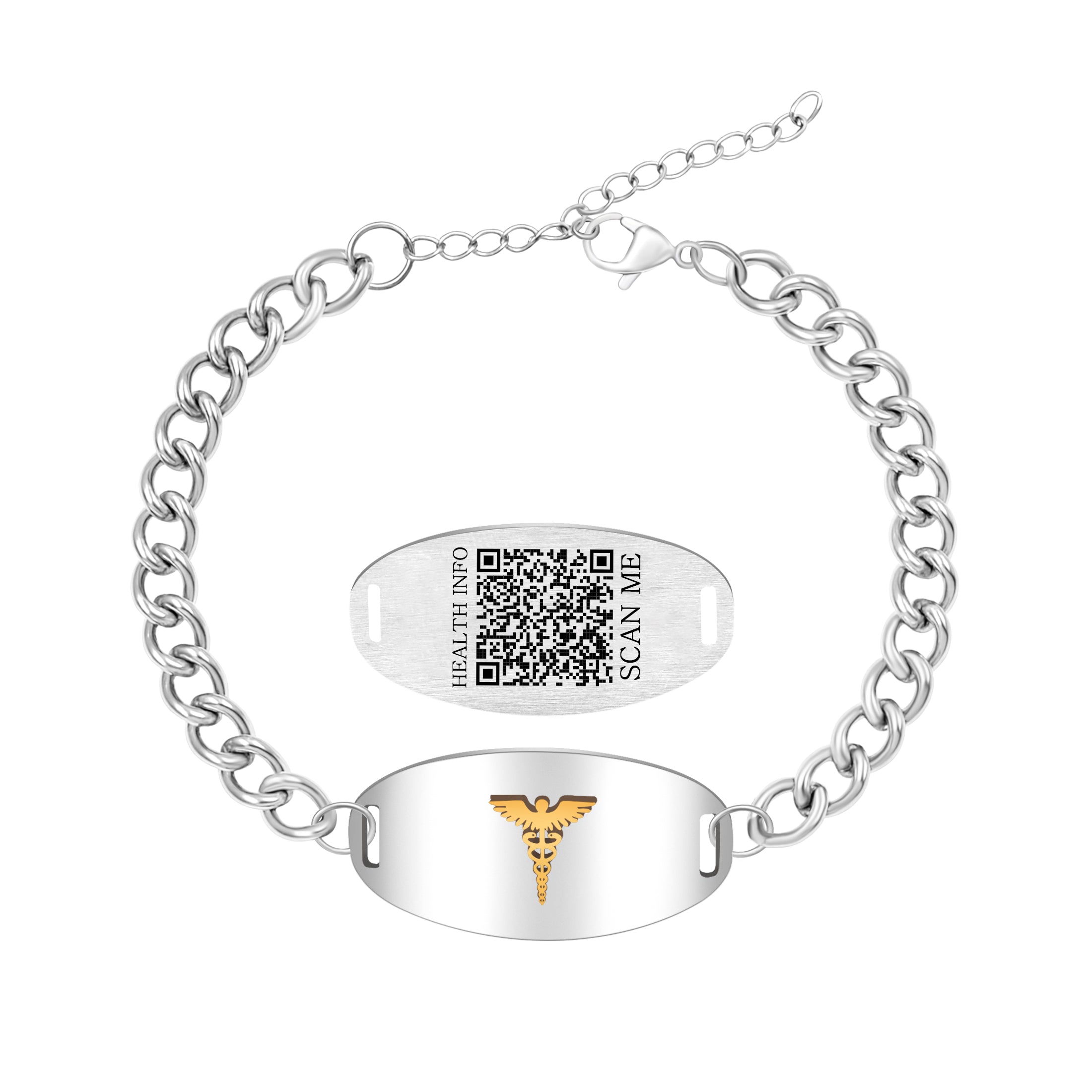 Stainless Steel Medical Alert Bracelet with Golden Caduceus Symbol Men Women | Laser Engraved or Dynamic QR Code Medical ID Bracelet | Adjustable Chain Emergency Contact Allergy ID Jewelry Black White