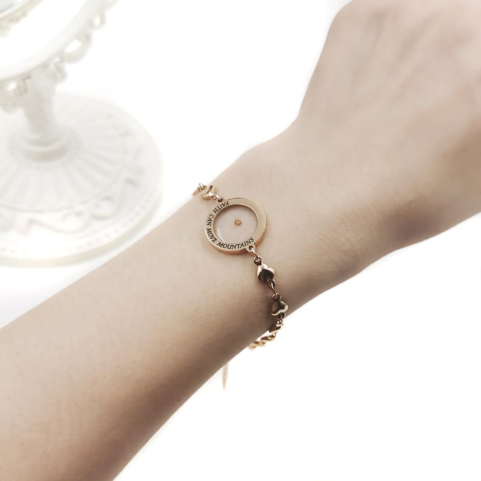 Rose Gold Stainless Steel Faith Can Move Mountains Bracelet with Heart Link Chain, Mustard Seed Charm Inspirational Jewelry