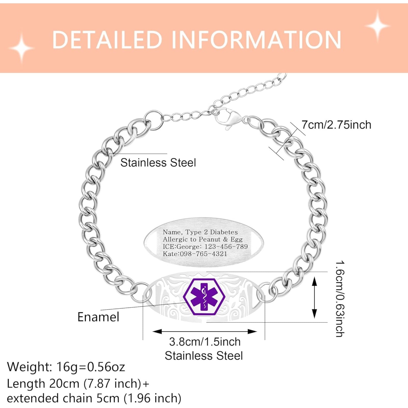 Uloveido Custom Medical ID Bracelet for Men Women | Personalized Engraved Stainless Steel Curb Link Chain Bracelet | Emergency Alert Health Information Jewelry Adjustable 20-25cm