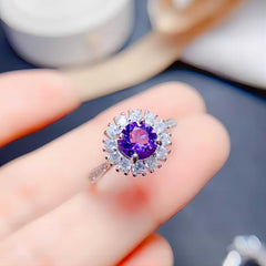 Uloveido Amethyst Ring for Women in Sunflower Shape, Platinum 925 Sterling Silver Febuary Birthstone Jewelry for Women, Open Size F1010