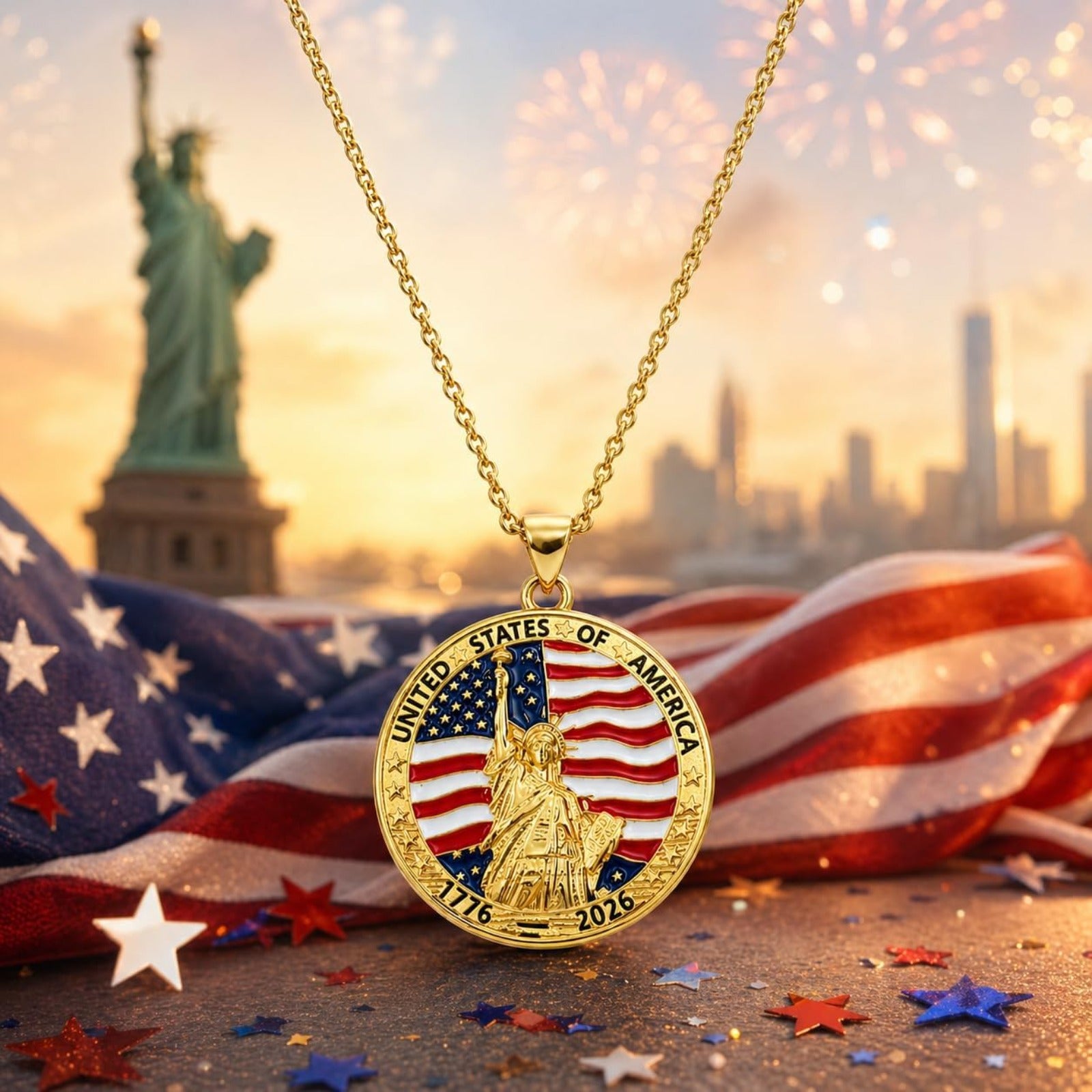 USA 250th Anniversary Necklace for Men Women, 1776 2026 Commemorative Pendant, 18K Golden Plated Brass Statue of Liberty American Flag Necklace with Stainless Steel Chain, Patriotic Jewelry Gift