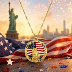 USA 250th Anniversary Necklace for Men Women, 1776 2026 Commemorative Pendant, 18K Golden Plated Brass Statue of Liberty American Flag Necklace with Stainless Steel Chain, Patriotic Jewelry Gift