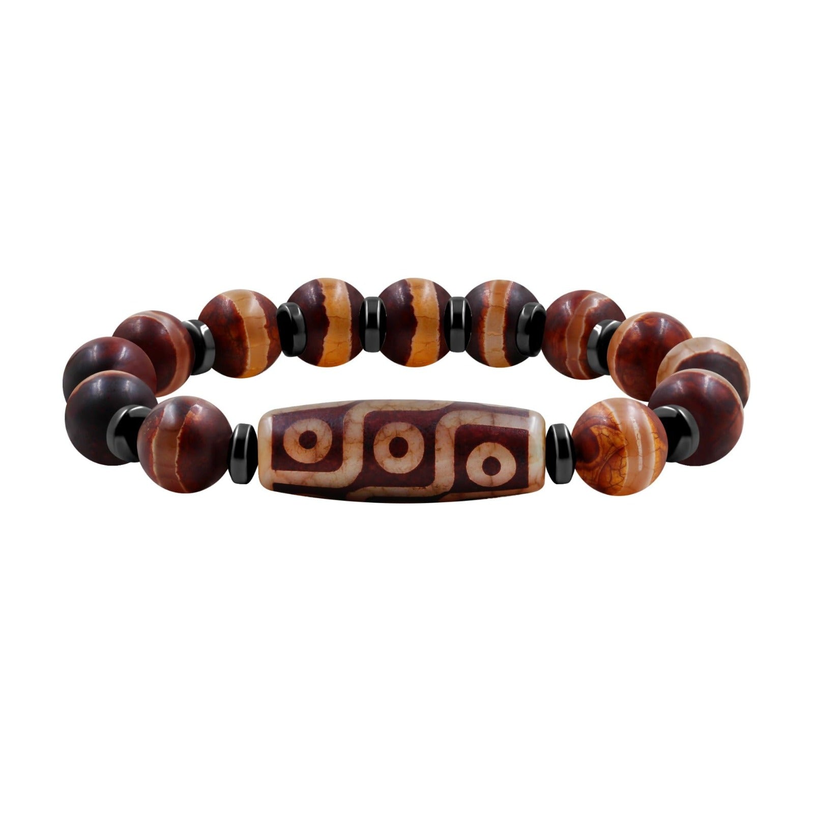 Dzi Bead Tibetan Bracelet for Men Women | Nine Eye Dzi Agate Beaded Bracelet with Hematite Spacers | Feng Shui Buddhist Meditation Amulet Adjustable Style Jewelry Brown Green Black YA5102