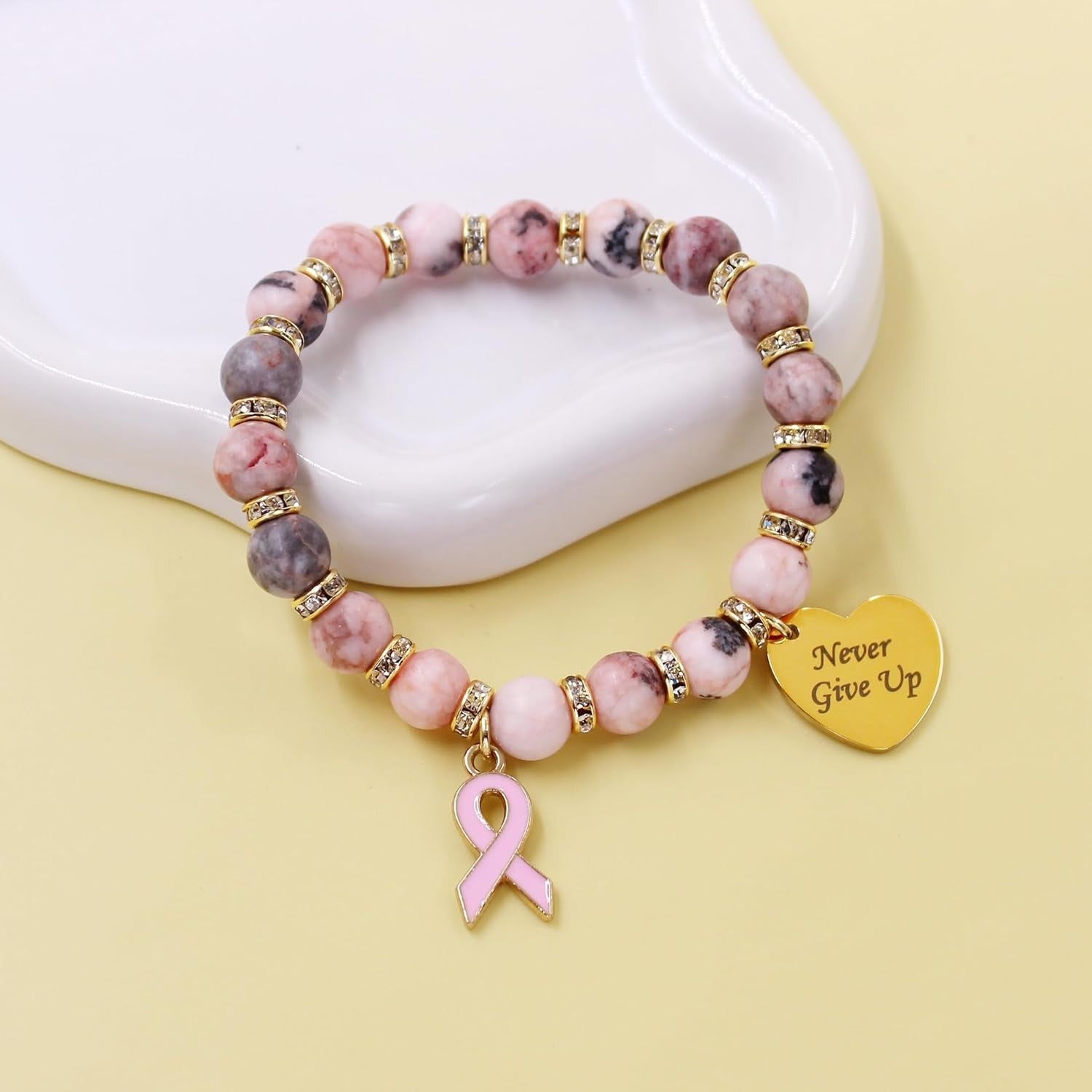 Pink Zebra Jasper Breast Cancer Awareness Bracelet – Never Give Up Heart Charm & Pink Ribbon, Stretch Beaded Natural Stone Bracelet for Women, Inspirational Cancer Support Jewelry Gift