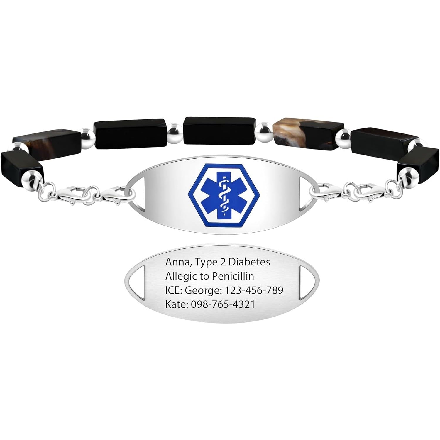 Dynamic QR Code Medical Alert Bracelet with Natural Stone Beads, Pink Stone Red Agate Black Agate White Turquoise, Stainless Steel Medical ID Bracelet, Double Lobster Clasp, No Engraving Required