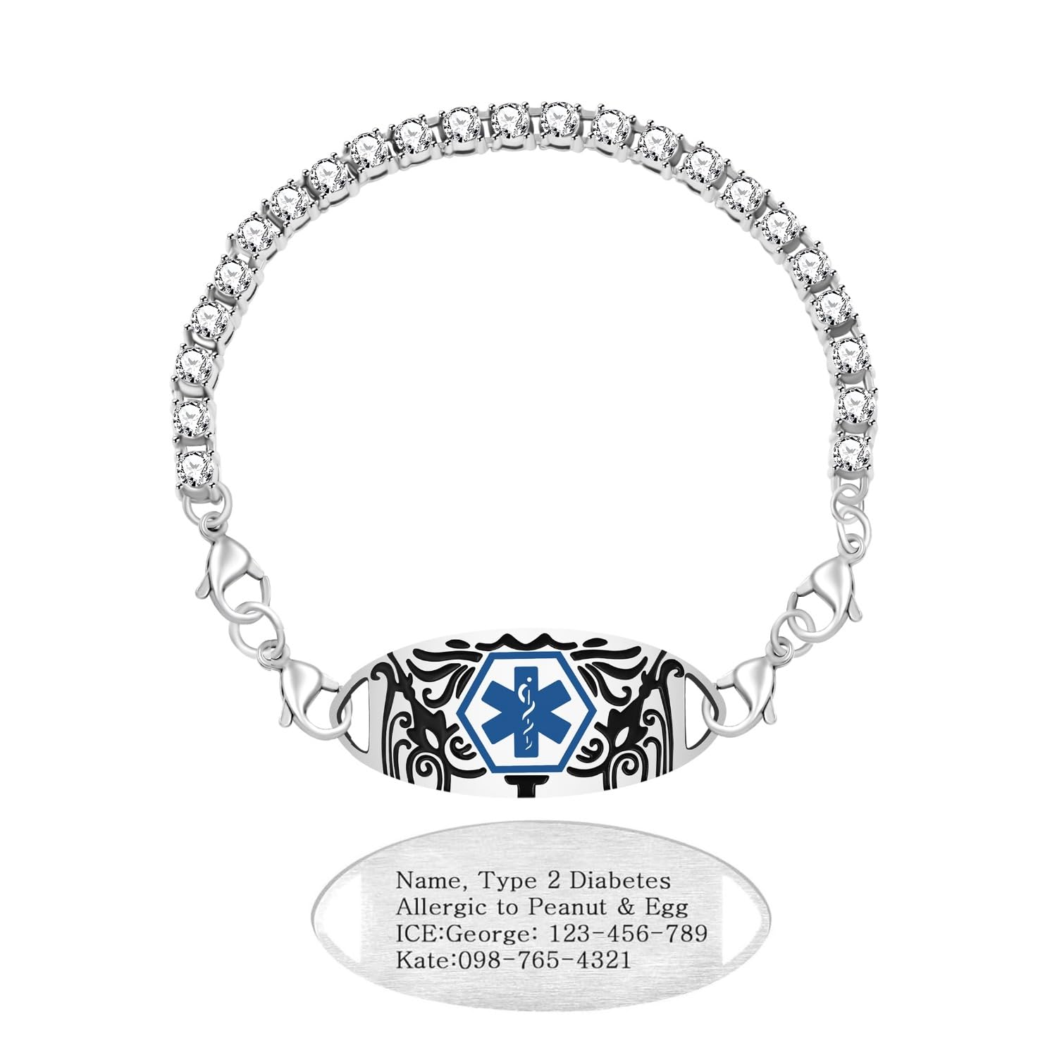 Uloveido Rhinestone Tennis Medical ID Bracelet for Women | Dynamic QR Code Safety Bracelet, Stainless Steel Adjustable Chain, Emergency Contact Allergy Info ID Jewelry, Scan to Update Anytime