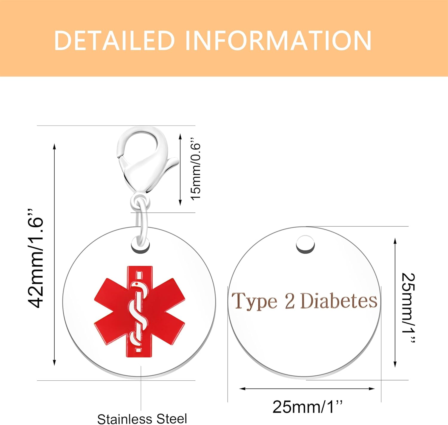 Medical Keychain Round Waterproof Stainless Steel Free Customizable Emergency Medical Jewelry for Men Women Seniors