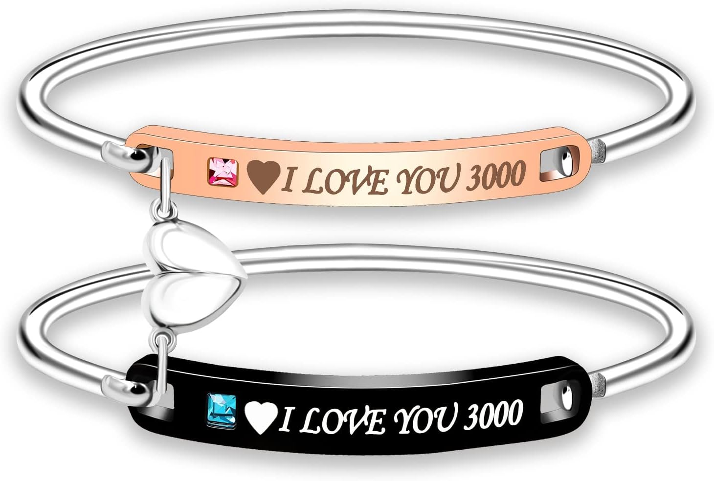 Uloveido His and Hers Matching Cuff Bracelet Set, Stainless Steel Couple Bangle with Cubic Zirconia, Black Men’s Bracelet & Rose Gold Women’s Bracelet, Custom Engraved Relationship Jewelry