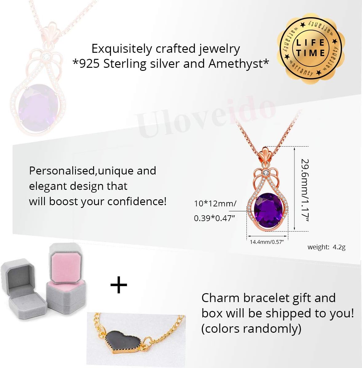 Uloveido Women's 925 Sterling Silver Oval Cut Natural Amethyst Gemstone Pendant Necklace Wedding Jewellery Rose Gold Plated February Birthstone Necklace for Women with Gift Box FN118