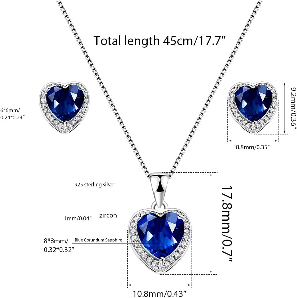 Uloveido 925 Sterling Silver Natural Blue Topaz Corundum Gemstone Pendant Necklace Birthstone Stud Earrings Set for Women Girls FT004