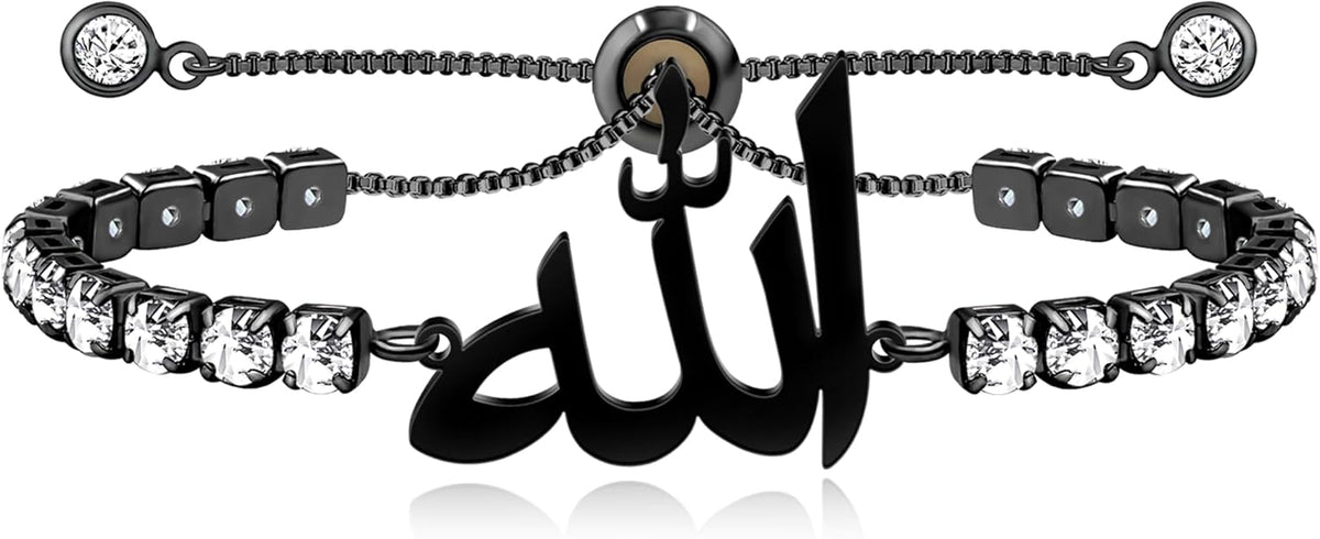 Arabic Allah Script Cubic Zirconia Tennis Bracelet for Women Stainless Steel Adjustable Islamic Faith Jewelry Sparkling Muslim Bracelet Elegant Religious Gift for Mom Wife Sister Daughter Ramadan Eid
