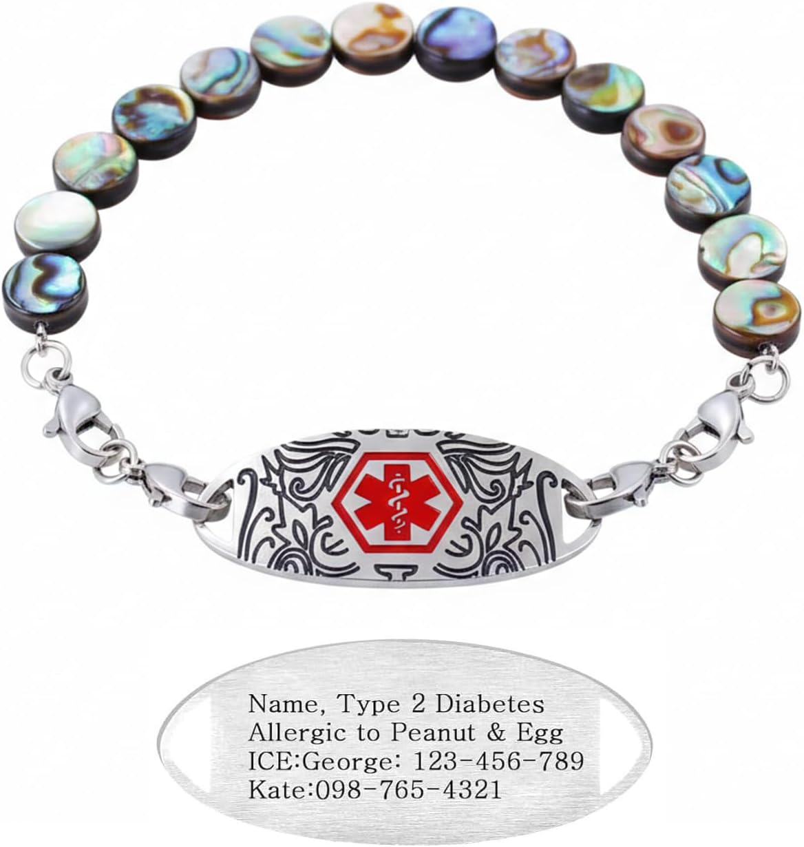 Dynamic QR Code Medical Alert Bracelet for Women | Round Abalone Shell Beads & Stainless Steel ID | Scan to Edit Emergency Info, Allergy & Diabetes ID Jewelry, Double Lobster Clasp, Adjustable