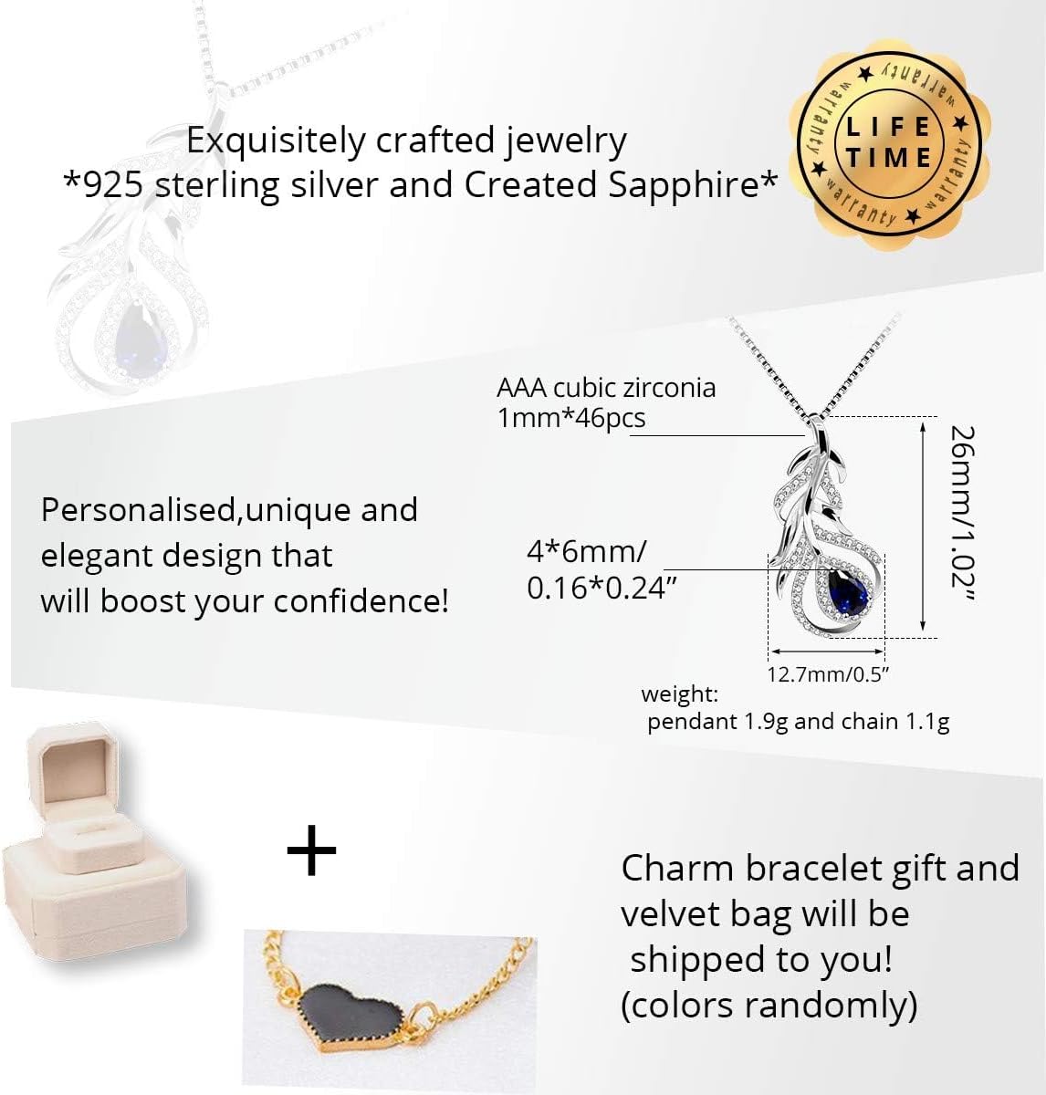 Uloveido Womens 925 Sterling Silver Pear Cut Gem Corundum Sapphire Teardrop Feather Leaf Flower Pendant Choker Necklace FN101