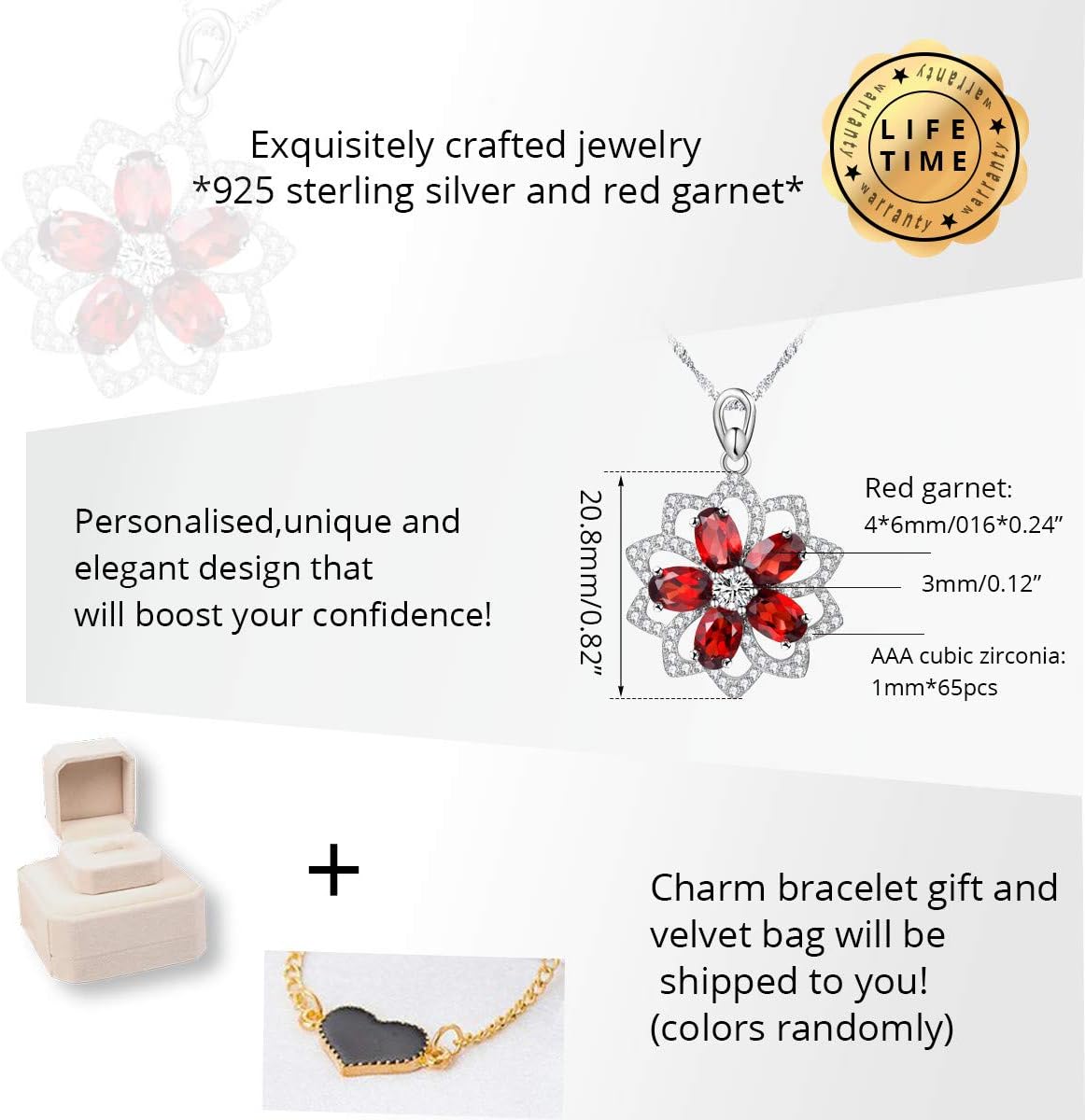 Uloveido 925 Sterling Silver Natural Garnet 2.5CT Red Flower Hollow Necklace Pendant for Women Wedding CN004