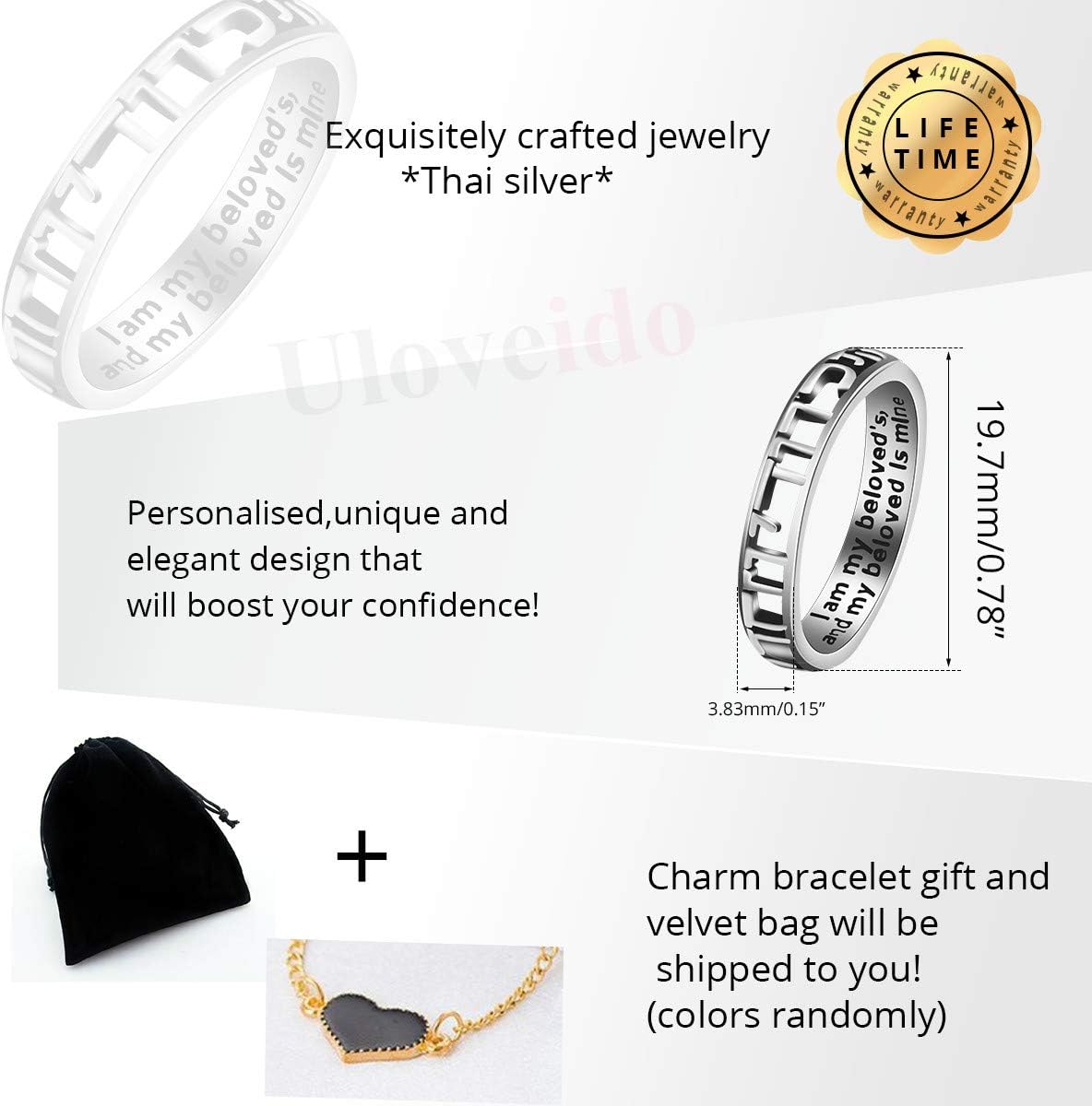 Uloveido Antique Black Thai Silver Hollow Band Ring – Hand-Engraved Hebrew Script, Israeli Religious Jewelry, Size 8-12 (Y583)
