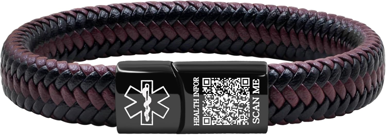 Dynamic QR Code Medical Alert Bracelet for Men Women No Medical Info Needed at Checkout PU Leather Emergency ID Cuff Bracelet Black Stainless Steel Clasp Scan to Update Health Info YA5551