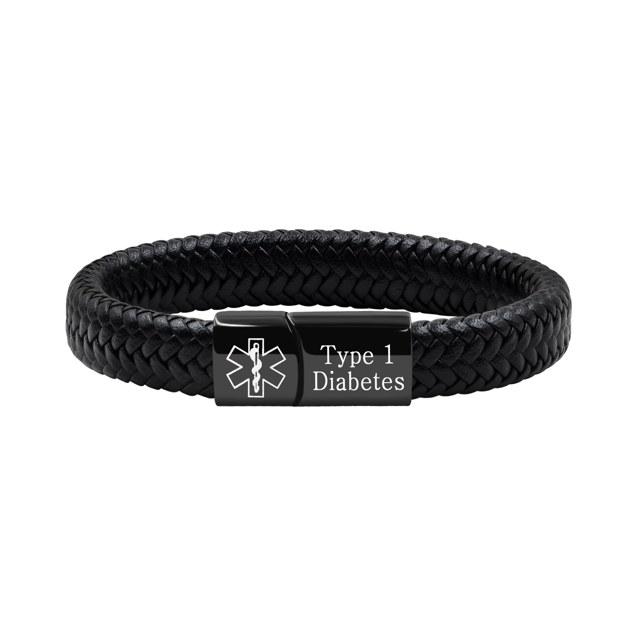 Medical Alert Cuff Bracelet for Men and Women, Black Stainless Steel Clasp Emergency ID Wristband, PU Leather Health Information Band YA5551