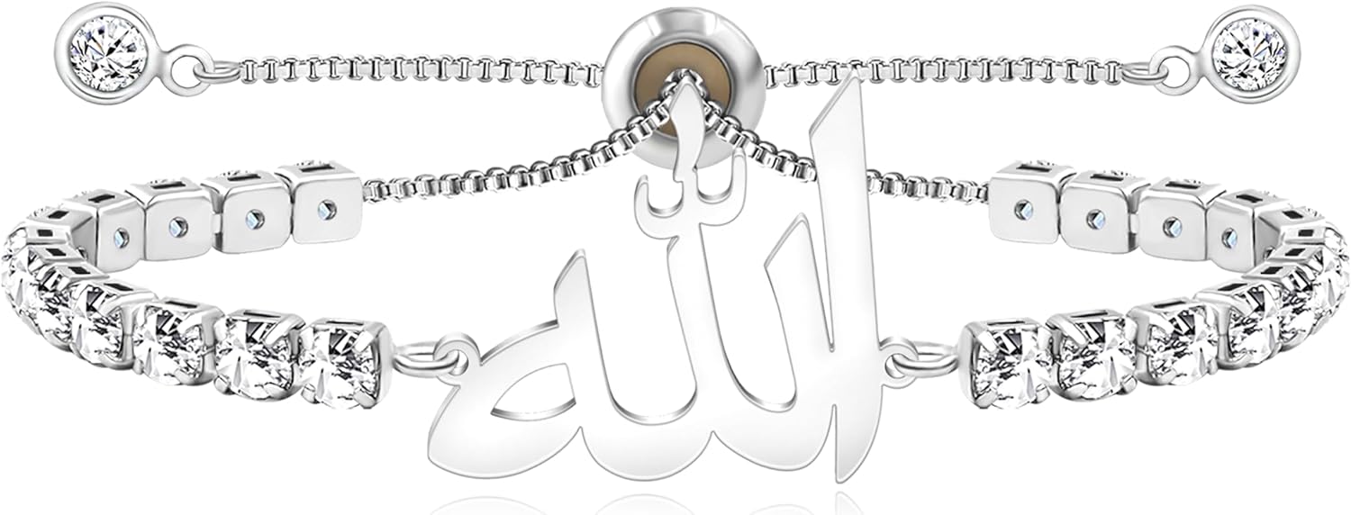 Arabic Allah Script Cubic Zirconia Tennis Bracelet for Women Stainless Steel Adjustable Islamic Faith Jewelry Sparkling Muslim Bracelet Elegant Religious Gift for Mom Wife Sister Daughter Ramadan Eid