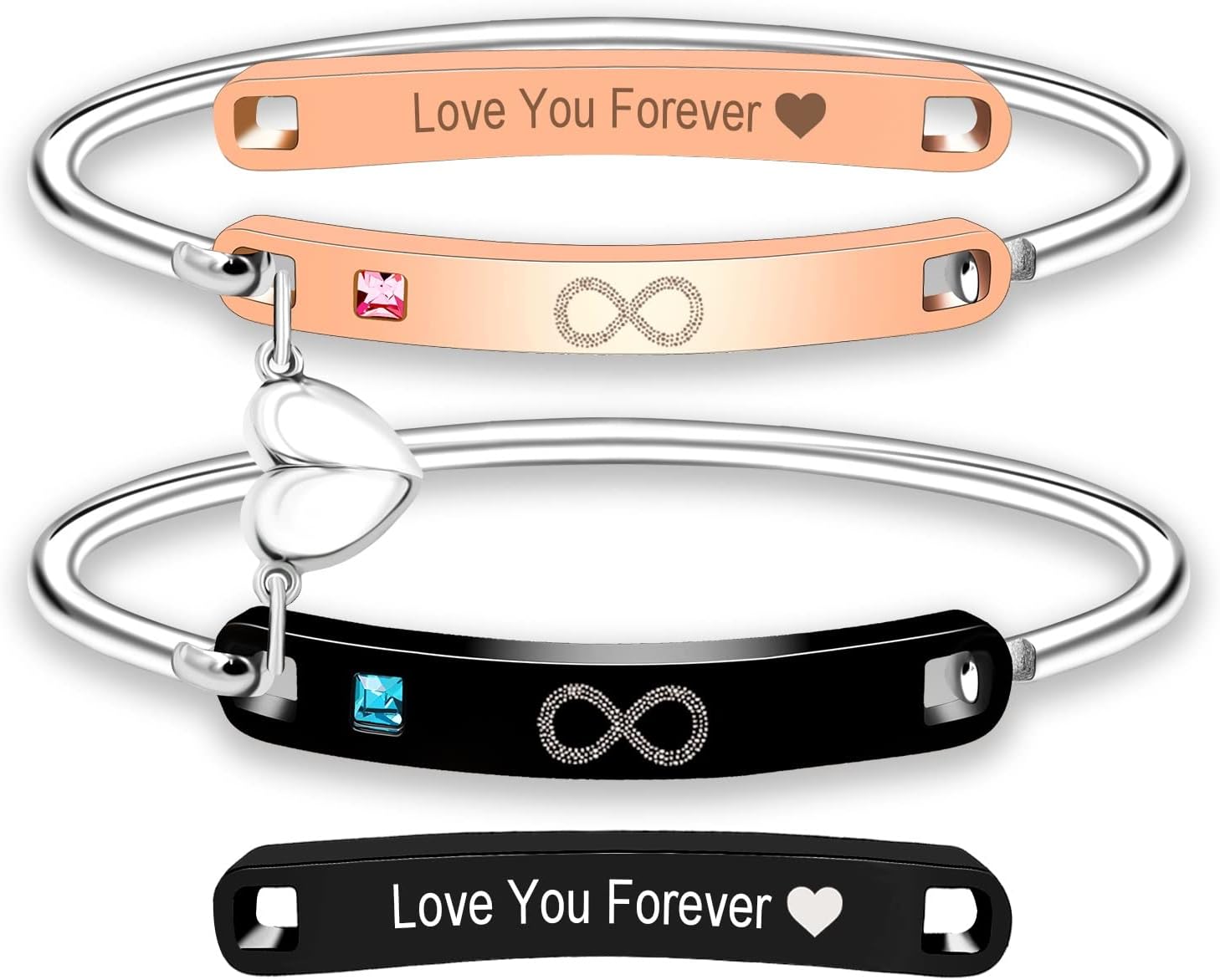 Uloveido His and Hers Matching Cuff Bracelet Set, Stainless Steel Couple Bangle with Cubic Zirconia, Black Men’s Bracelet & Rose Gold Women’s Bracelet, Custom Engraved Relationship Jewelry