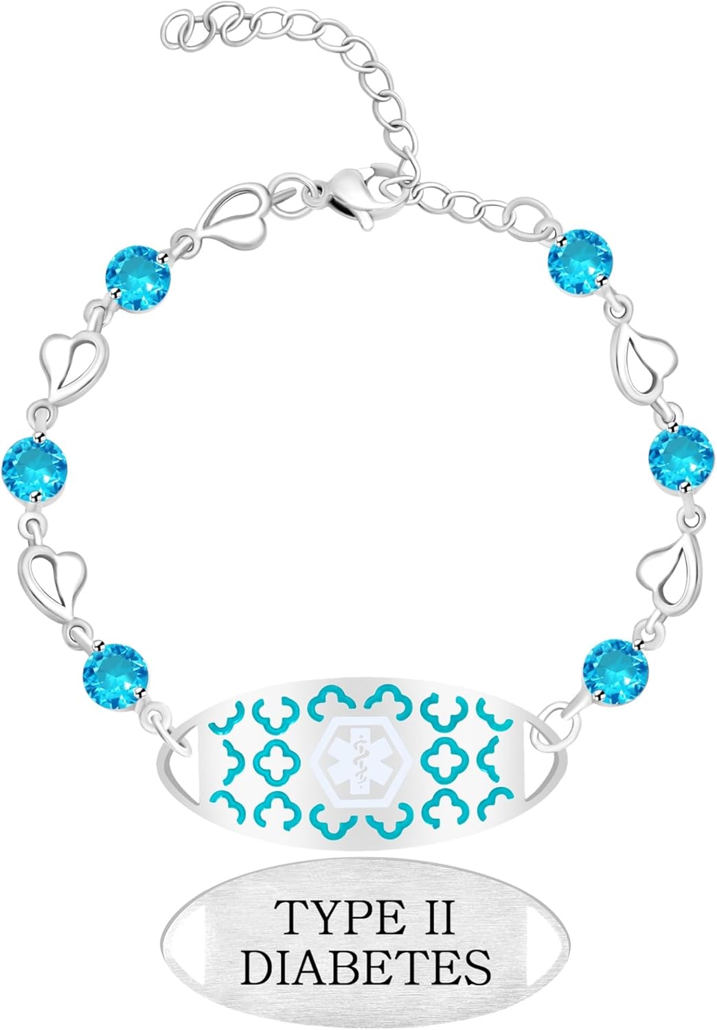 Uloveido Custom Medical ID Bracelet with Blue Cubic Zirconia | Elegant Floral Enamel Design | Adjustable QR Code & Engraved Emergency Contact Bracelet for Women and Travelers