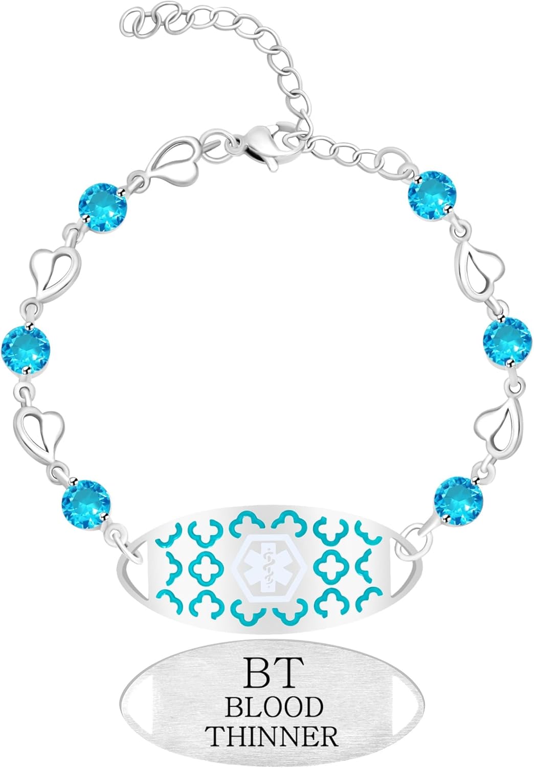 Uloveido Custom Medical ID Bracelet with Blue Cubic Zirconia | Elegant Floral Enamel Design | Adjustable QR Code & Engraved Emergency Contact Bracelet for Women and Travelers