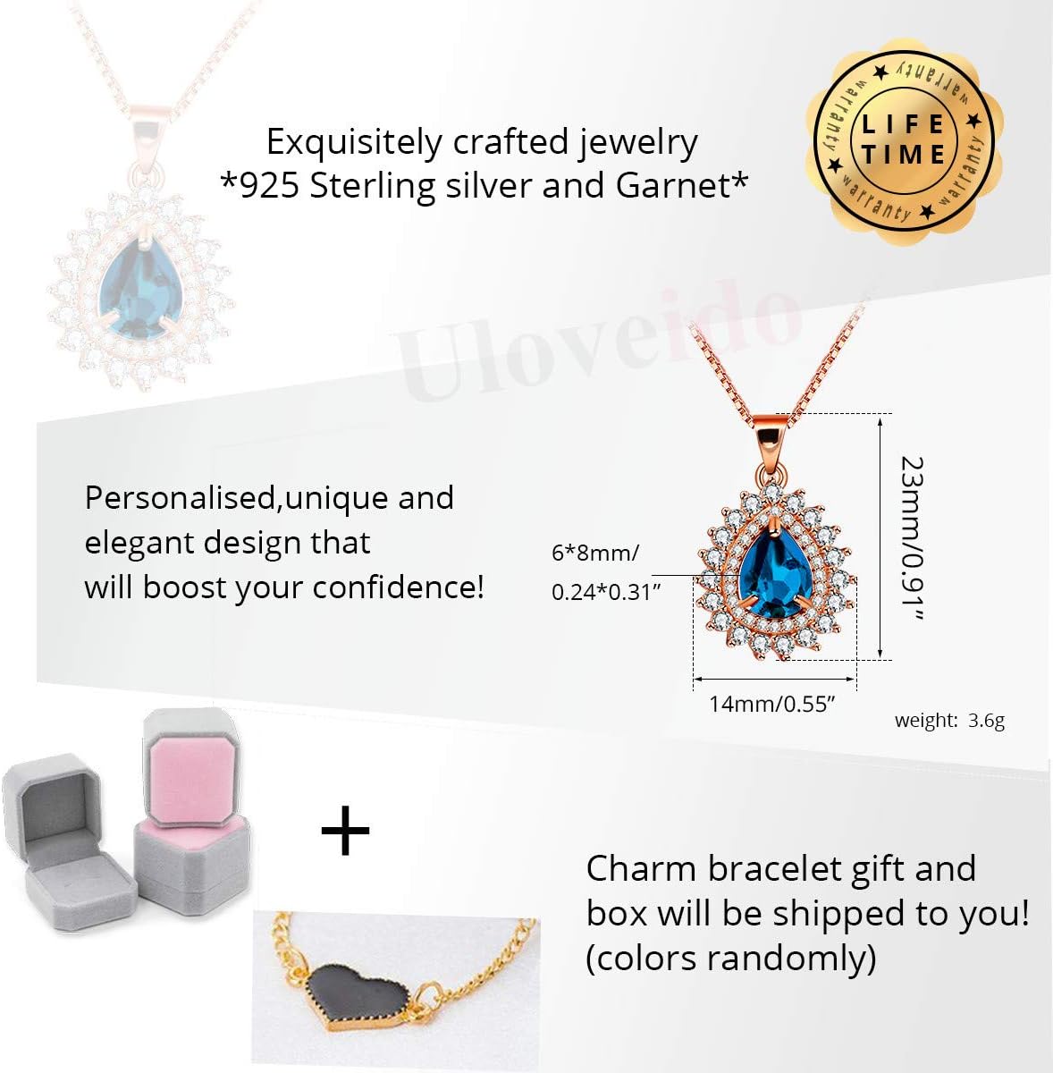 Uloveido January Birthstone Red Garnet Pendant Necklace for Girls, Rose Gold Plated 925 Sterling Silver Necklace for Women FN106