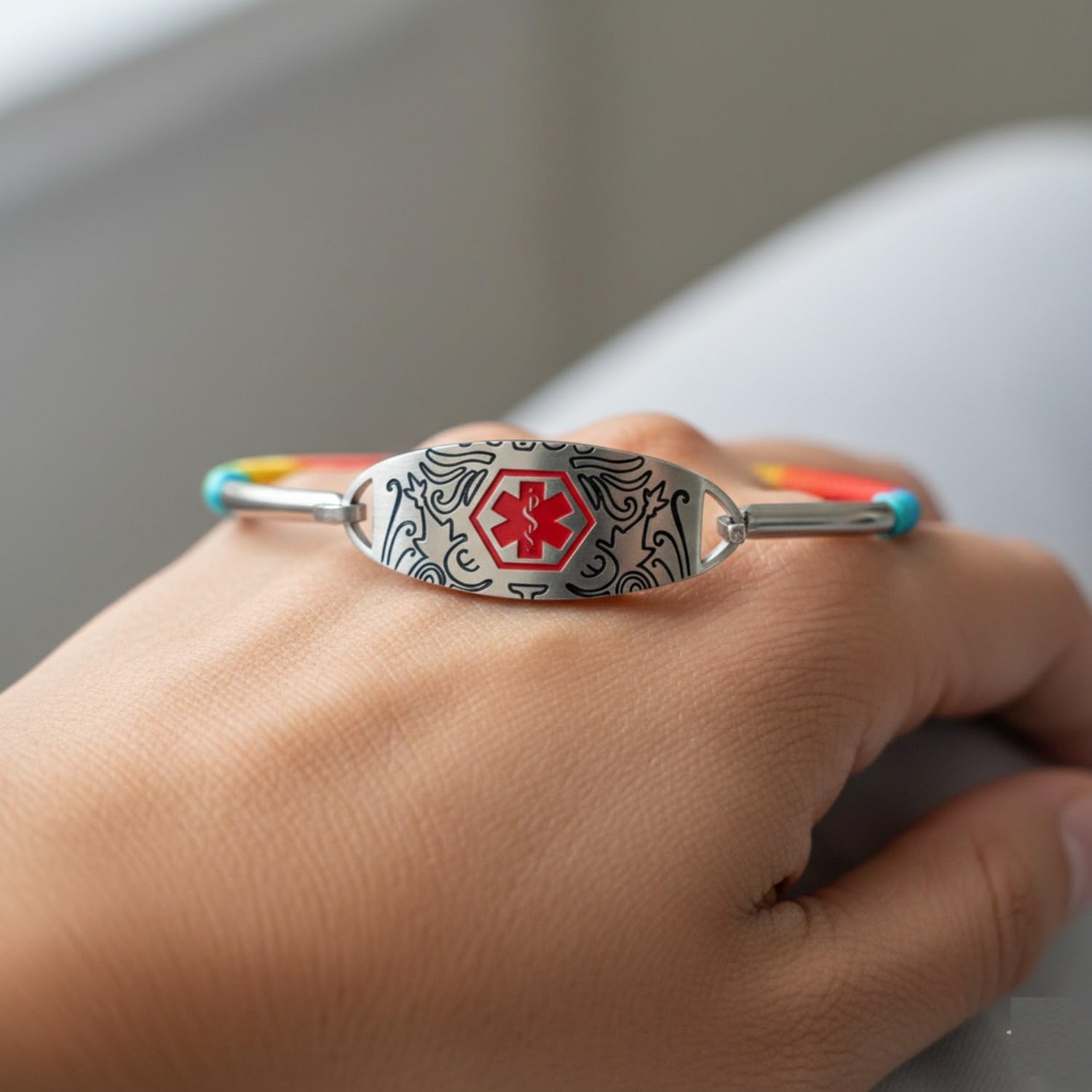 Medical Alert Bracelet for Women, Stainless Steel Cuff with Red Medical Symbol, Custom Engraving or Dynamic QR Code, Editable Emergency Health ID, Hypoallergenic Thread Wrapped Design