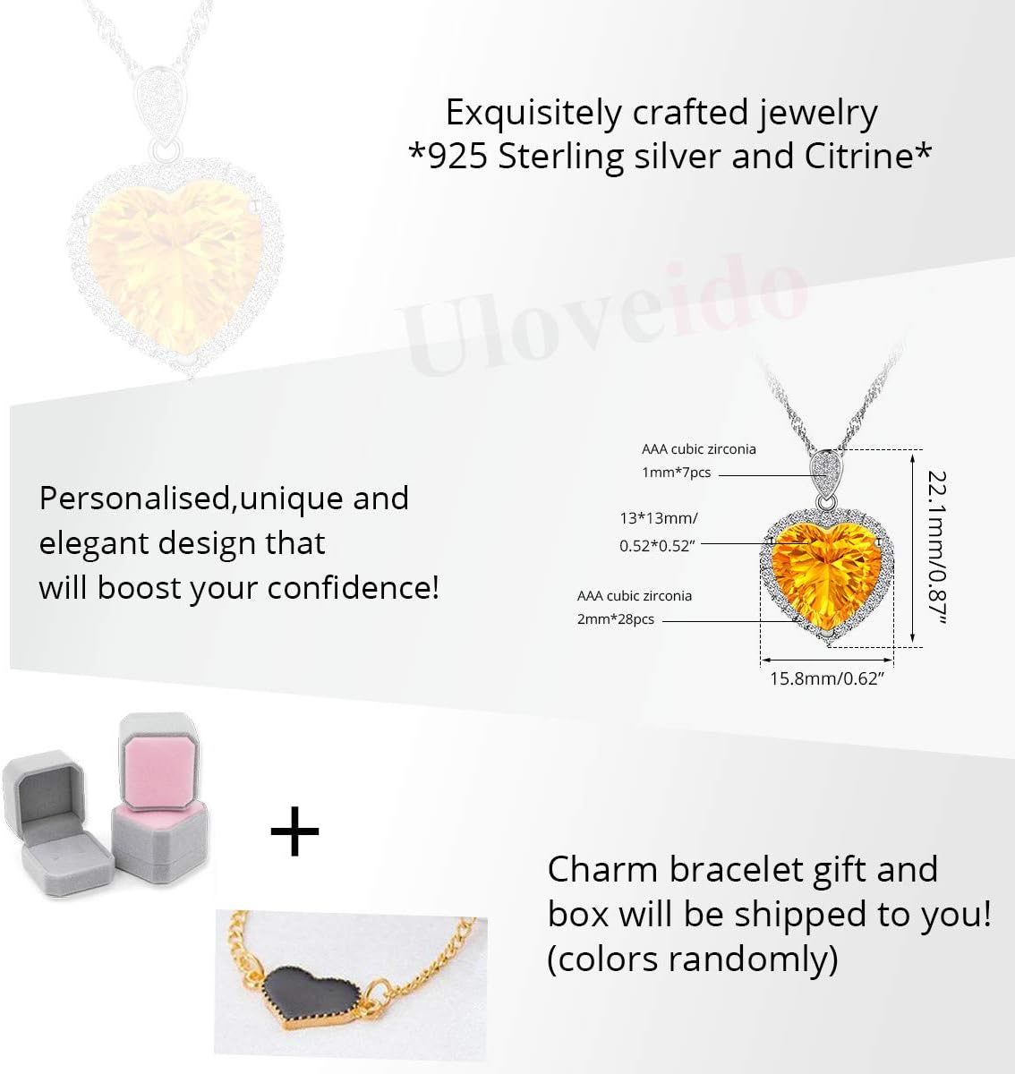 925 Sterling Silver Natural Citrine Necklace, Heart-Shape Gemstone, Platinum Plated, November Birthstone Pendant